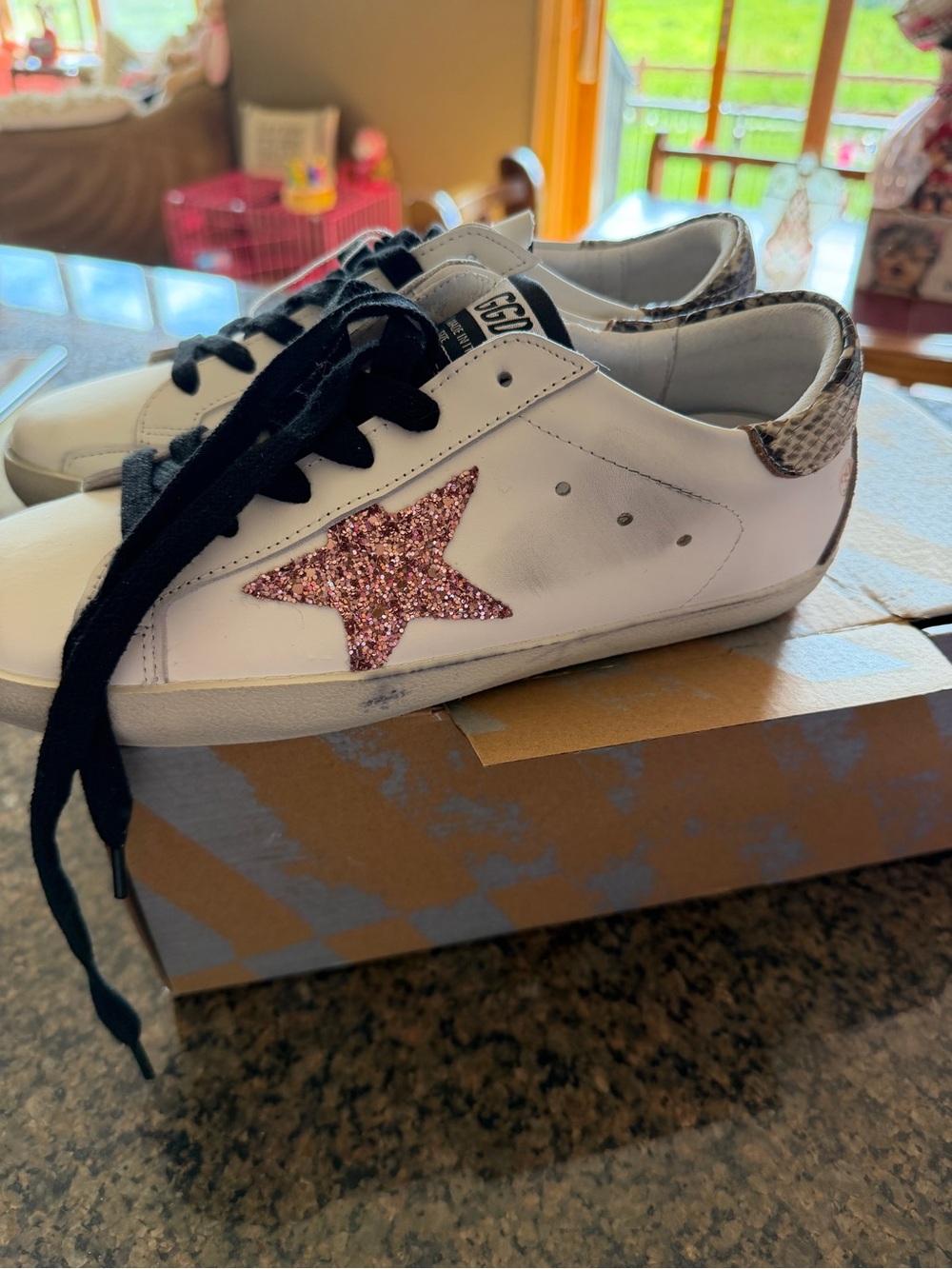 Golden Goose White Sneakers with Pink Glitter Star and Snakeskin Heel